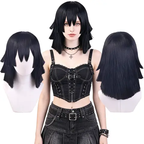 Iguro Obanai Cosplay Wig Unisex Pure Black Irregular Jagged Ends Serpent Hashira Anime Synthetic Wig For Halloween Party