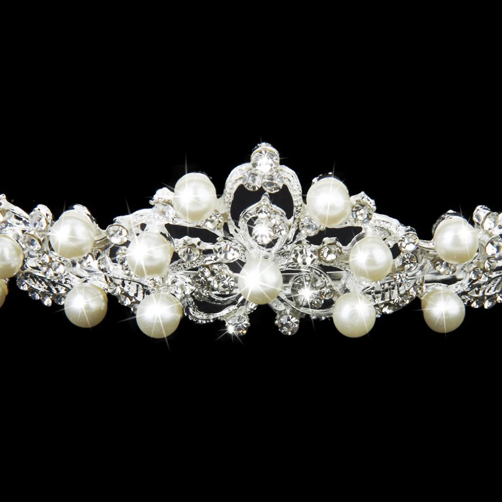 

Pearl Rhinestone Crown Hairband 17x12cm Silver Alloy Faux Pearl Bride Tiara Wedding Party Hair Clip Accessories
