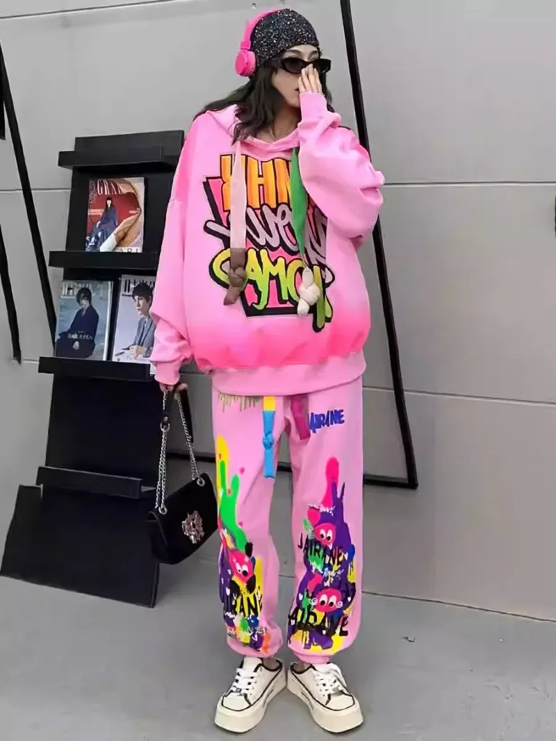 Fashion Hooded Long Sleeves Casual Sweatshirts Two-Piece Set Loose Leisure Sports Suit Women's Autumn Clothes Pink Sweet Hoodies