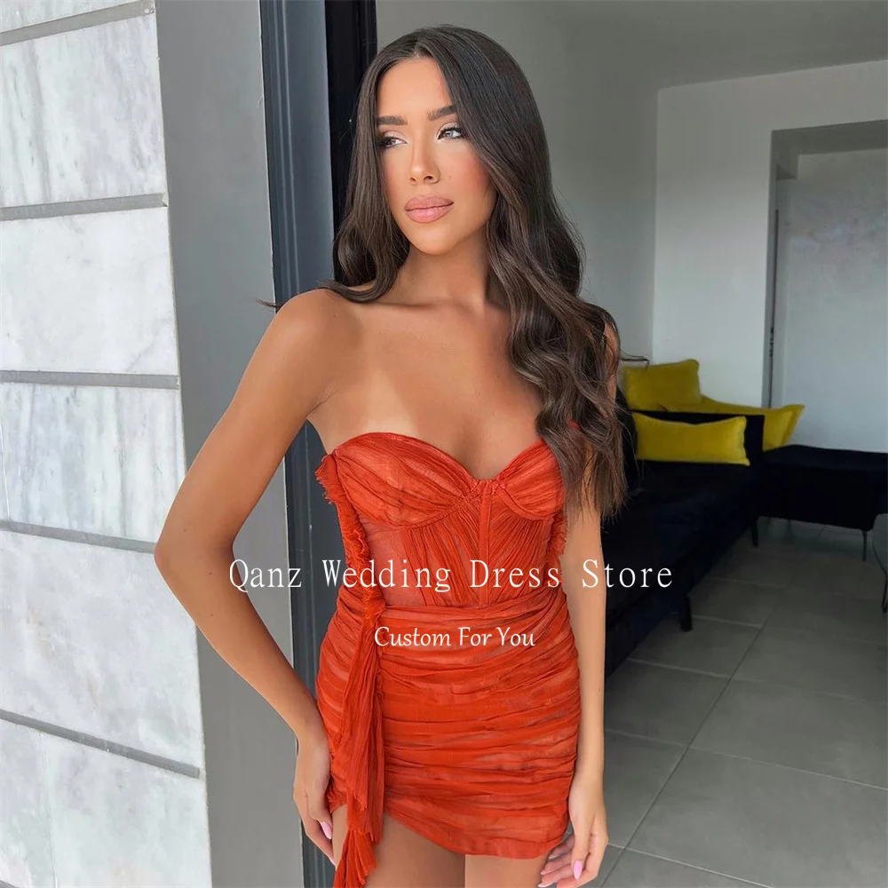 Qanz Mini Orange Chiffon Prom Dresses Strapless Short Cocktail Dresses Sexy Party Vestidos Para Eventos Especiales Customized