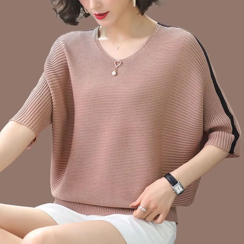 Fashion Women Clothing Knitted T-Shirt Spring Summer Korean Female Half Sleeve Contrast Color New Versatile Pulover Casual Tops