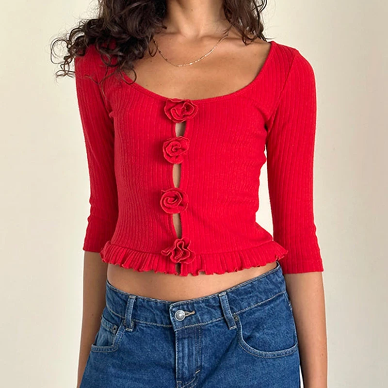 3D Rosette Front Hollow Out T-shirt Elegant Lady Vintage Half Sleeve Crop Tops French Women Slim Fit Tees Aesthetic Y2K Clothes