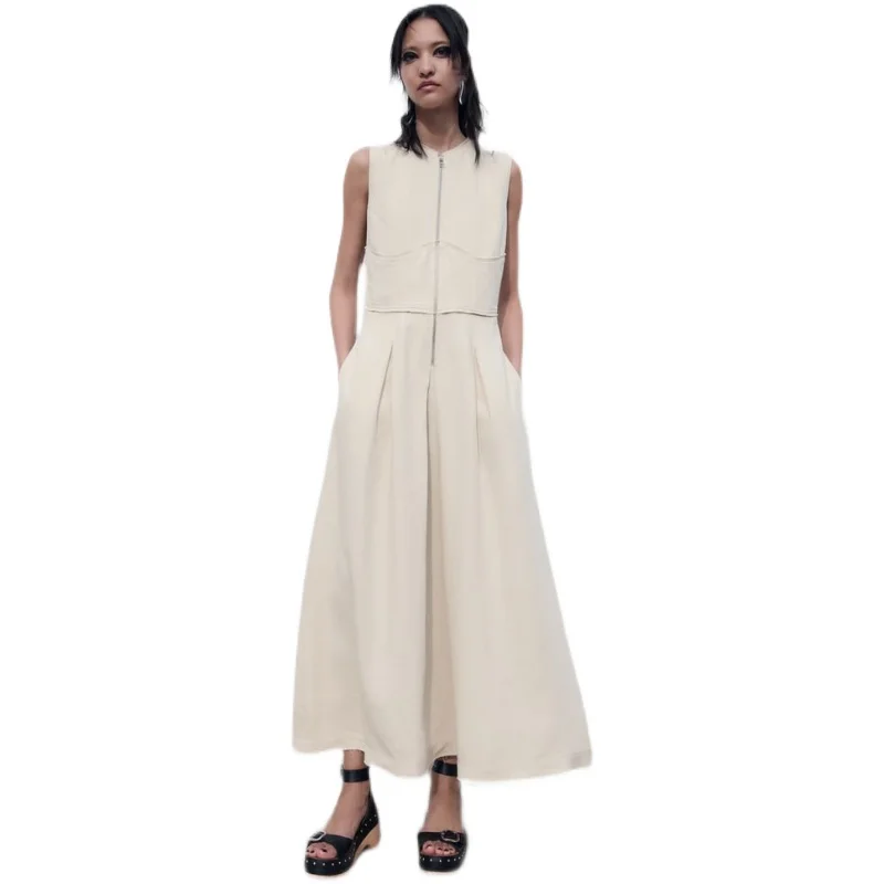 Spring Summer 2024 Women's Slimming A-Line Dr Zipper Svel Waist-Cinching Korean Sle Casual Faion Ladies' Gown