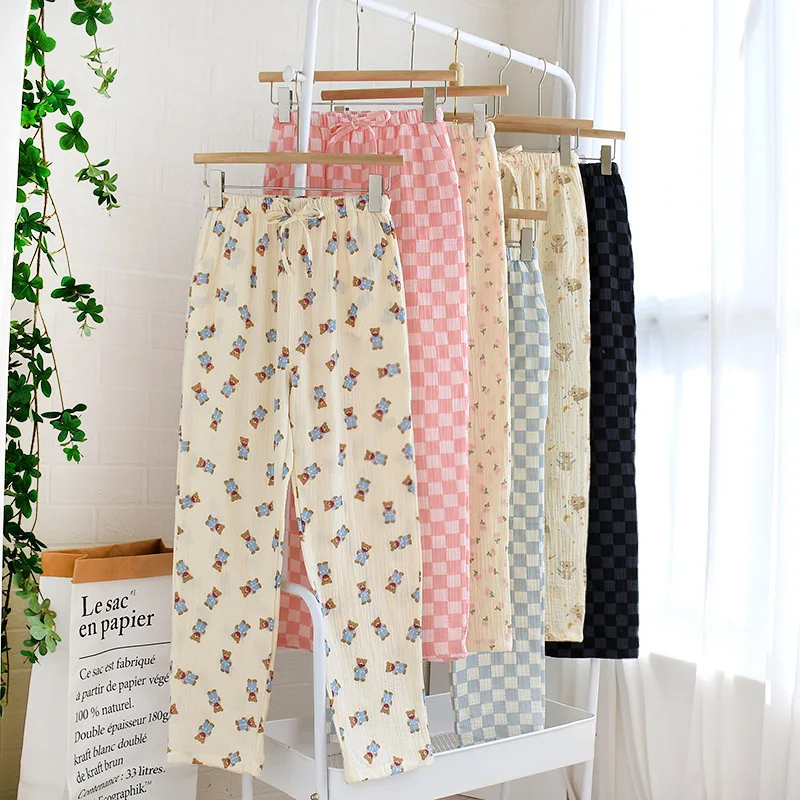 

Summer Loose Women Sleep Pants 100% Cotton Crepe Nightwear For Lady Pajama Casual Elastic Waist Sleep Bottoms Sleeping Pants