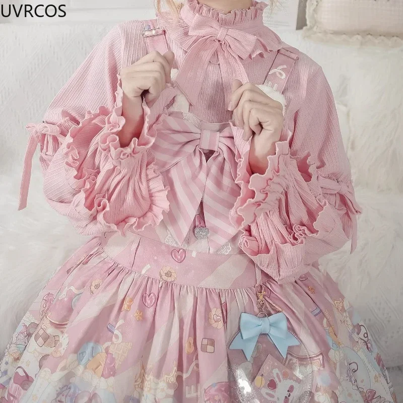 Pulôver de malha estilo lolita doce feminino, laço chique de babados, sopro de mangas compridas, casaco vintage, top de malha elegante, outono, inverno