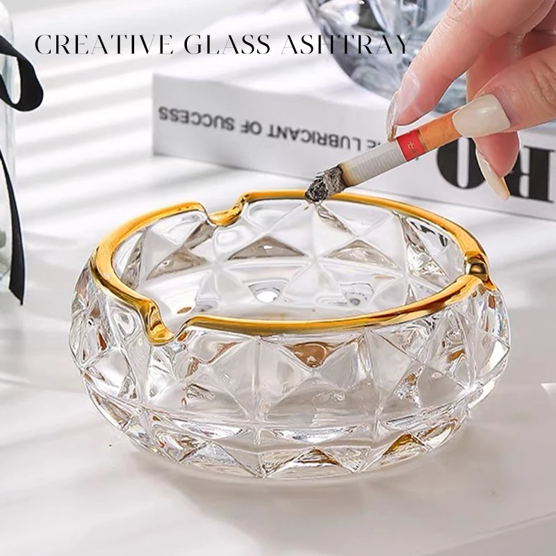 

BOXI Glass Ashtray Gold Rim Diamond Round Design Decorative Ashtray Home Office Desk Top