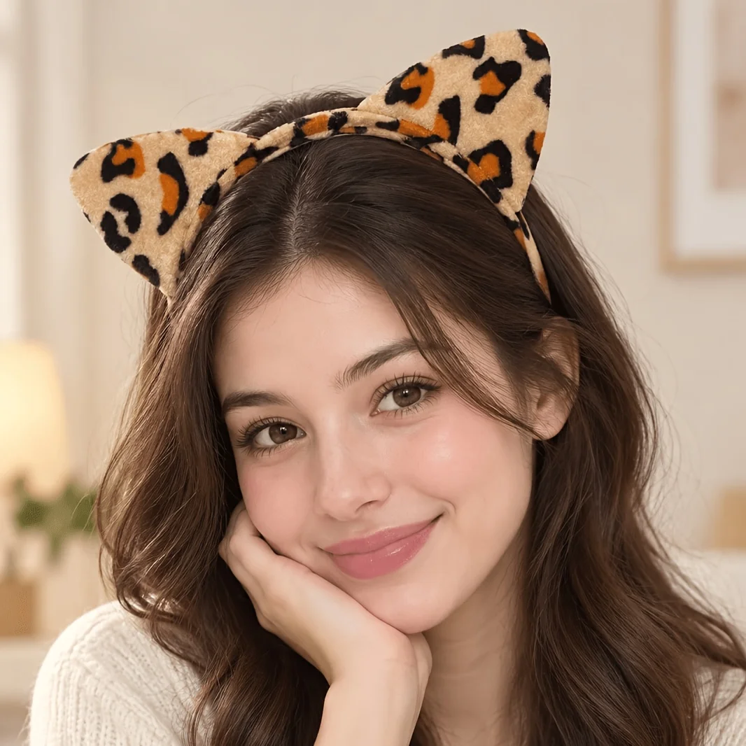 1pcs cartoon leopard hair band headdress plush Cat's ears (Steamed cat-ear shaped bread) hair band animal ear hair band