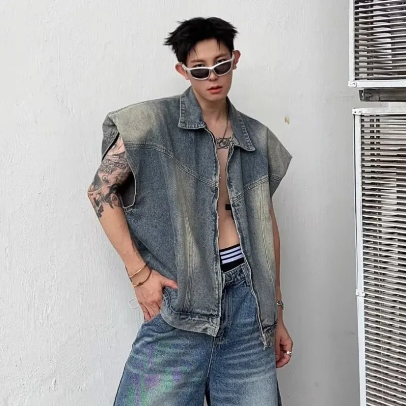 Denim Vest Men American High Street All-match Outwear Designed Streetwear Teens Cool Hipster Coats Korean Fashion Baggy Clothing