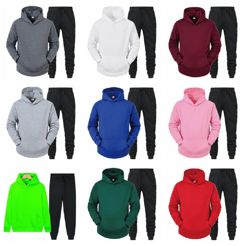 Men's 2Pcs Sports Set Solid Color Light Plate Fleece Warm Autumn Winter Hoodie Loose Sports Jumper