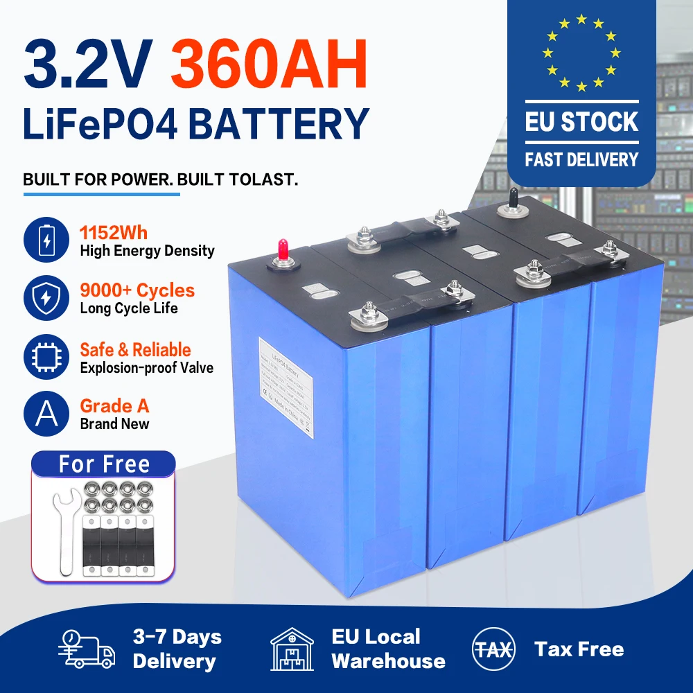 3,2V 360Ah LiFePO4 Akku Klasse A Lithium-Eisenphosphat Wiederaufladbare Zelle 9000 Zyklen DIY 12V 24V 36V 48V Solar Vans Golf EU Lagerbestand