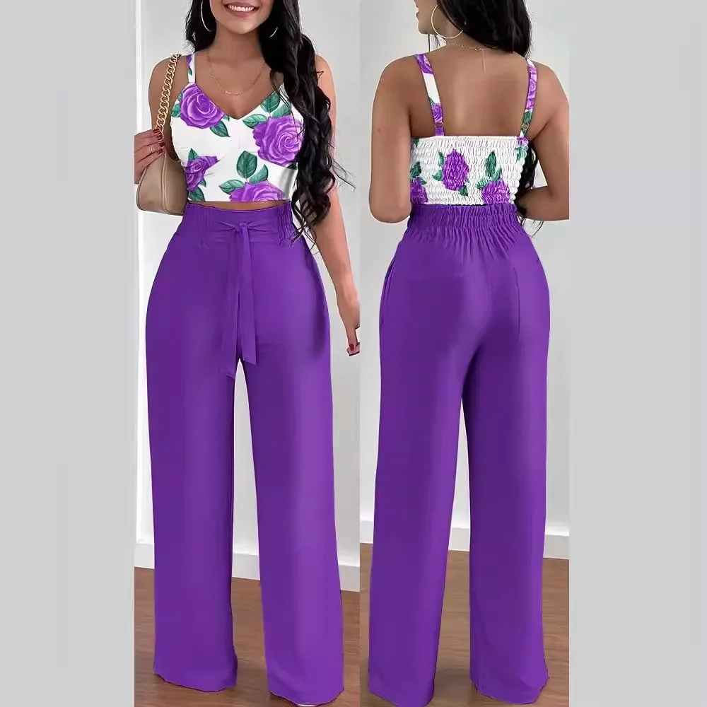 Africa Clothing 2 Piece African Clothes for Women Summer Sexy African Sleeveless Polyester Print Top Pant Matching Sets Outfits