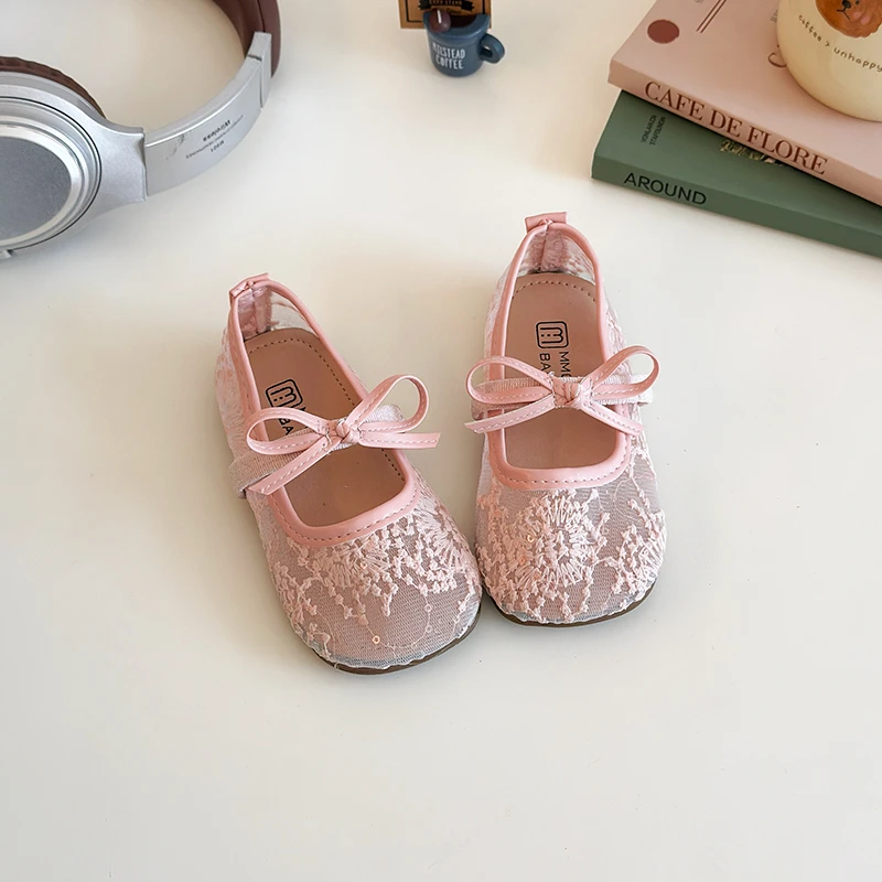 Spring Summer Toddler Girls Lace MaryJane Shoes Bow Decor Soft Non-Slip Sole Breathable Lightweight for Party Daily Outdoor Wear