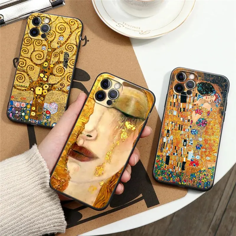 Black Silicone Case for IPhone 12 11 13 14 Pro Max XS XR 8 7 Plus SE Soft Cover Fundas Kiss by Gustav Klimt Golden Freya's Tears