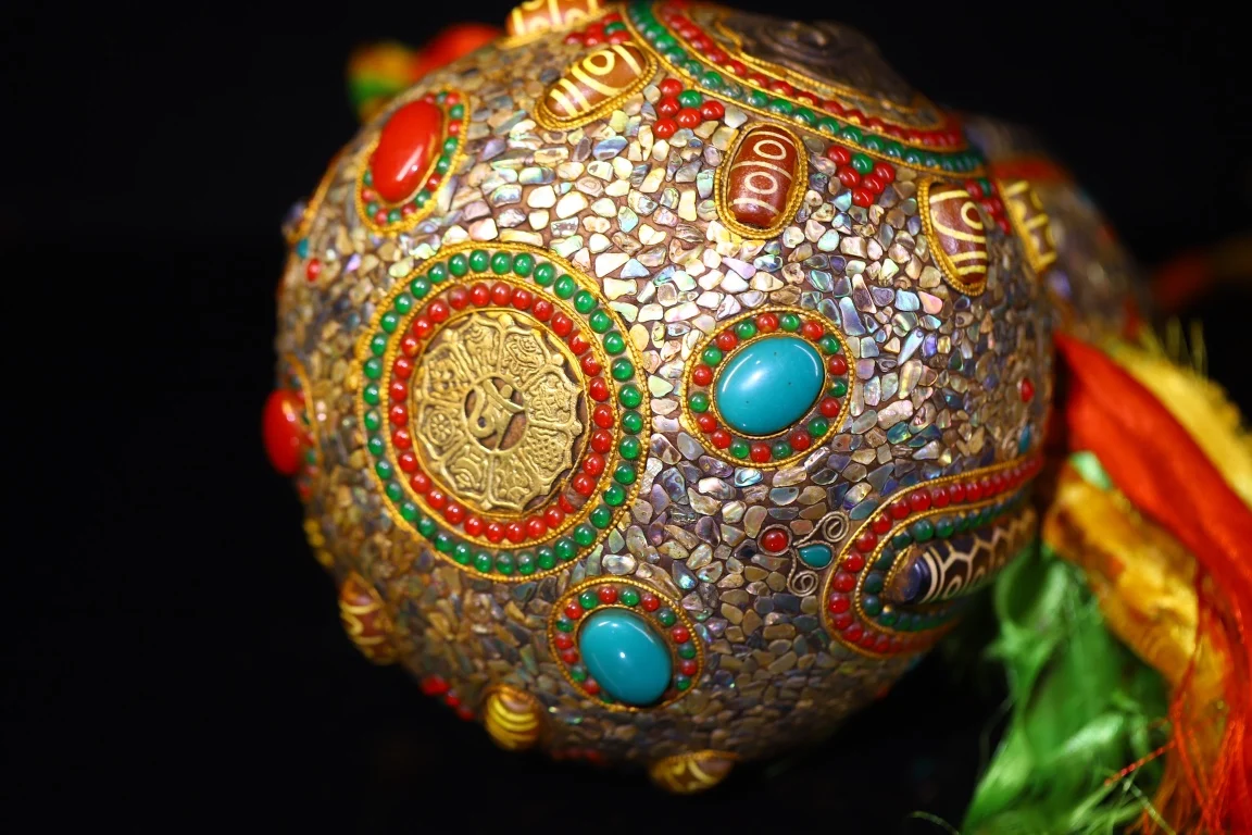 

18"Tibetan Temple Collection Old Natural Gourd Filigree Mosaic Gem gZi Beads Shell Vajra Calabash Amulet Worship Hall Town house