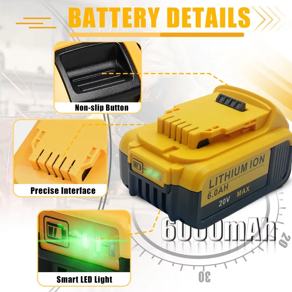 For Dewalt DCB200 20V 6000mAh Battery 6000mAh Replaceable Li-ion Battery DCB207 DCB204 DCB203 Power Tool Batteries LED Work Ligh