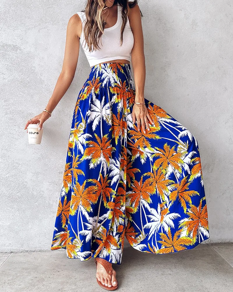 

Pant Women Wide Leg Long Pants Print Floral Loose Casual Regular Tight High Waist Pleated Tribal Elegant Shirred Trousers Summer