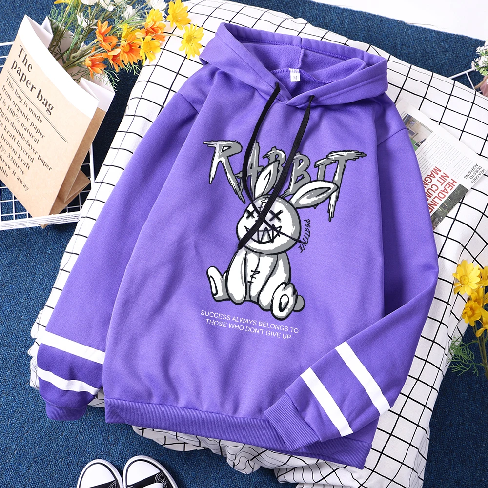 Cute Rabbit Funny Graphic Hoody Women\'s Street Casual Breathable Sweatshirt Autumn Loose Hooded Simple Fleece Pullover Tops