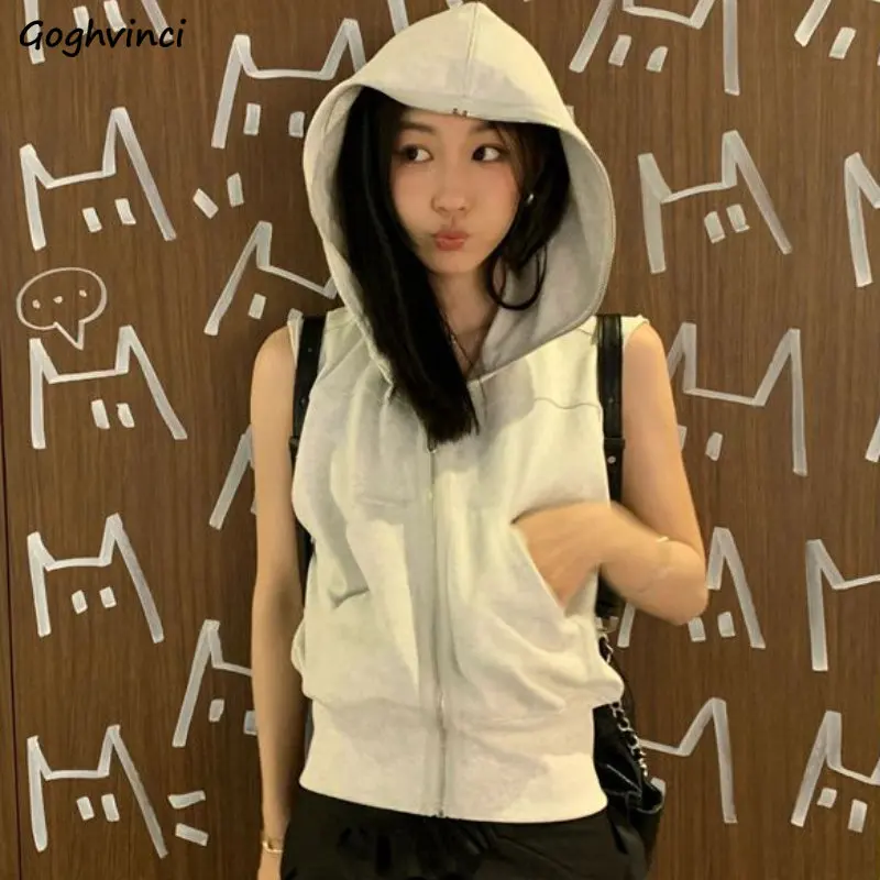 Hooded Gray Vests Women Chic Streetwear Zip-up Sleeveless Outwear Summer Fashion Schoolgirls Loose Pure Pocket All-match Vintage