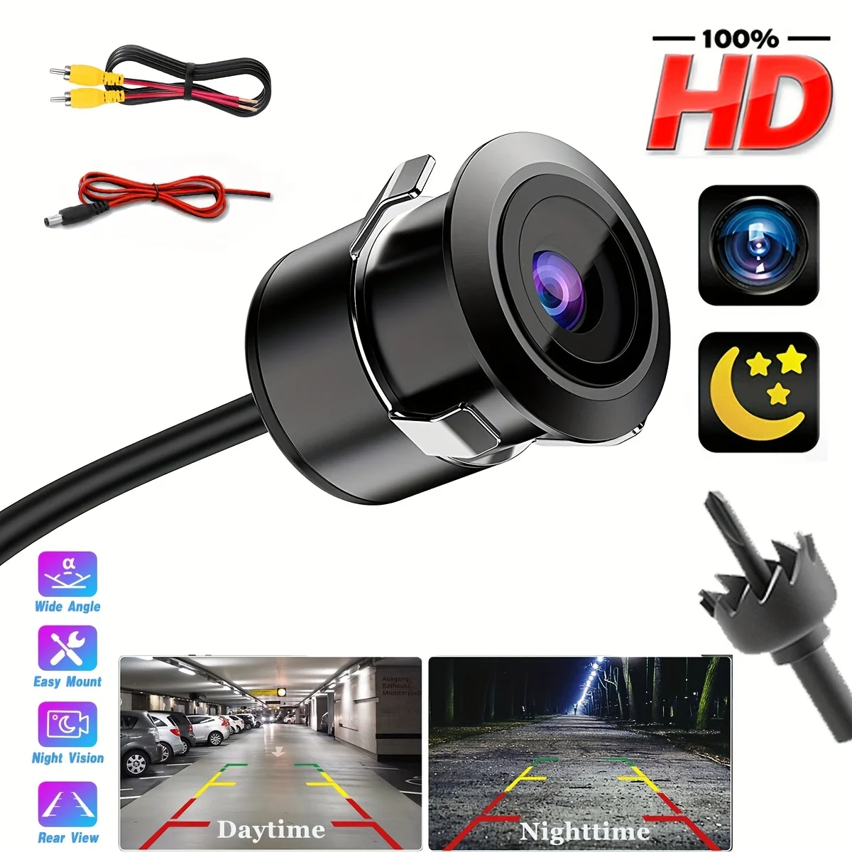 1pc Universal HD Rear View Backup Camera for Cars- Night Vision, Daytime & Nighttime View, Rear Parking Assist|Adjustable Camera