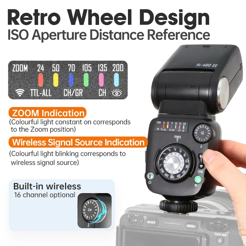 JINBEI HI460SE Retro Speedlite zintegrowany Hot Shoe aparat Flash TTL Speedlight uniwersalny dla Nikon Fuji Canon Sony