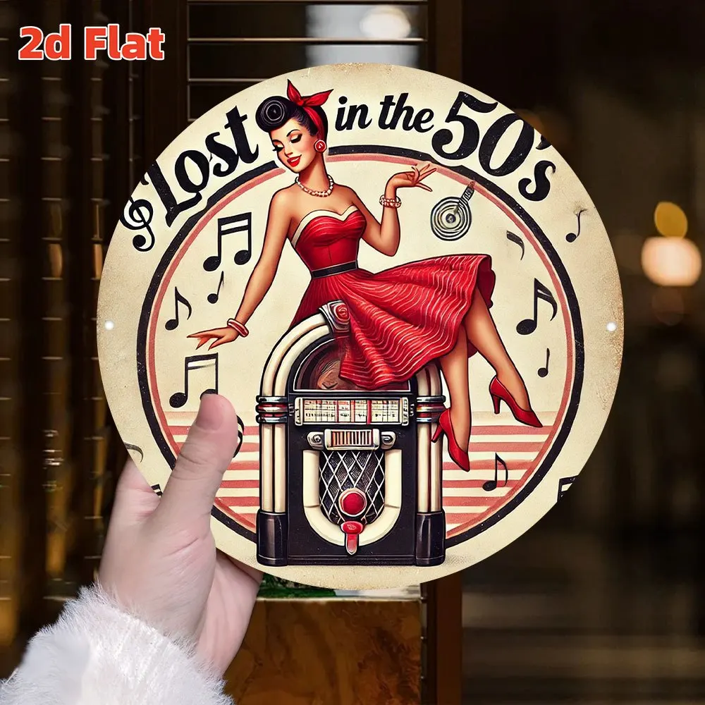 2D Vintage Metal Sign, Retro 1950s Rock Jukebox Wall Decor, Durable Indoor/Outdoor Hanging Ornament for Home, Music-Themed Round
