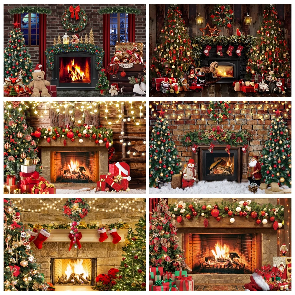 

Christmas Fireplace Background for Photography Winter Xmas Wooden Window Tree Gift Party Decor Backdrop Portrait Photo Studio