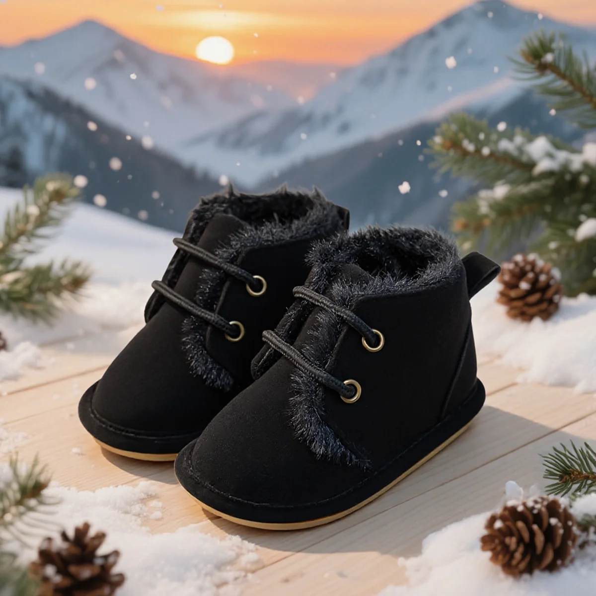 

Winter Fleece-lined Baby Boys Girls Snow Boots Rubber Soft Anti-slip Sole Solid Color Lace Up Toddler First Walkers 4-colors