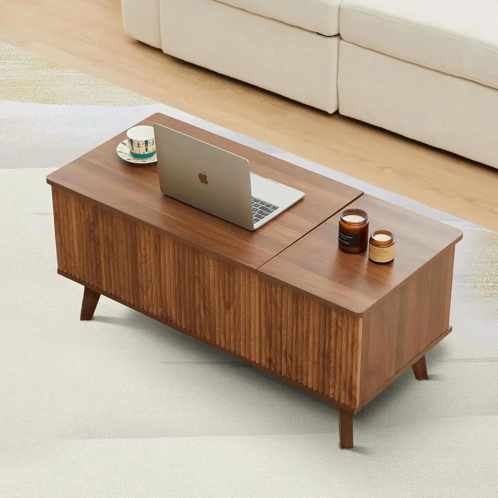 Walnut Modern Fluted Lift-Top Coffee Table with Hidden Storage & Adjustable Shelf