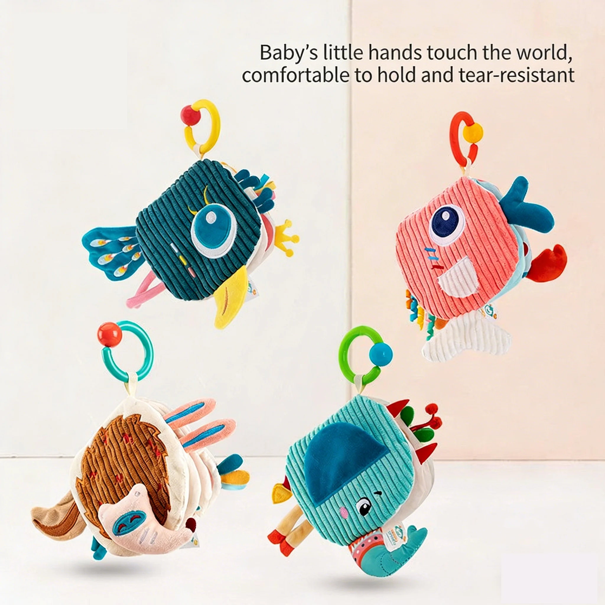 Soft Plush Animal Cloth Book Baby Sensory Toy with Crinkle Paper & Feather Teether Montessori Educational Rattle Early Learning