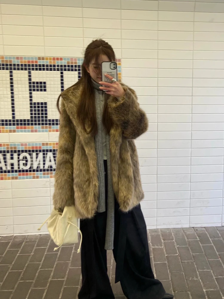 

2025 New Korean Sle Fur Coat Women's Mid-Length Thiened Eco-Friendly Plu Winter Jaet Long Sve Commute Faion
