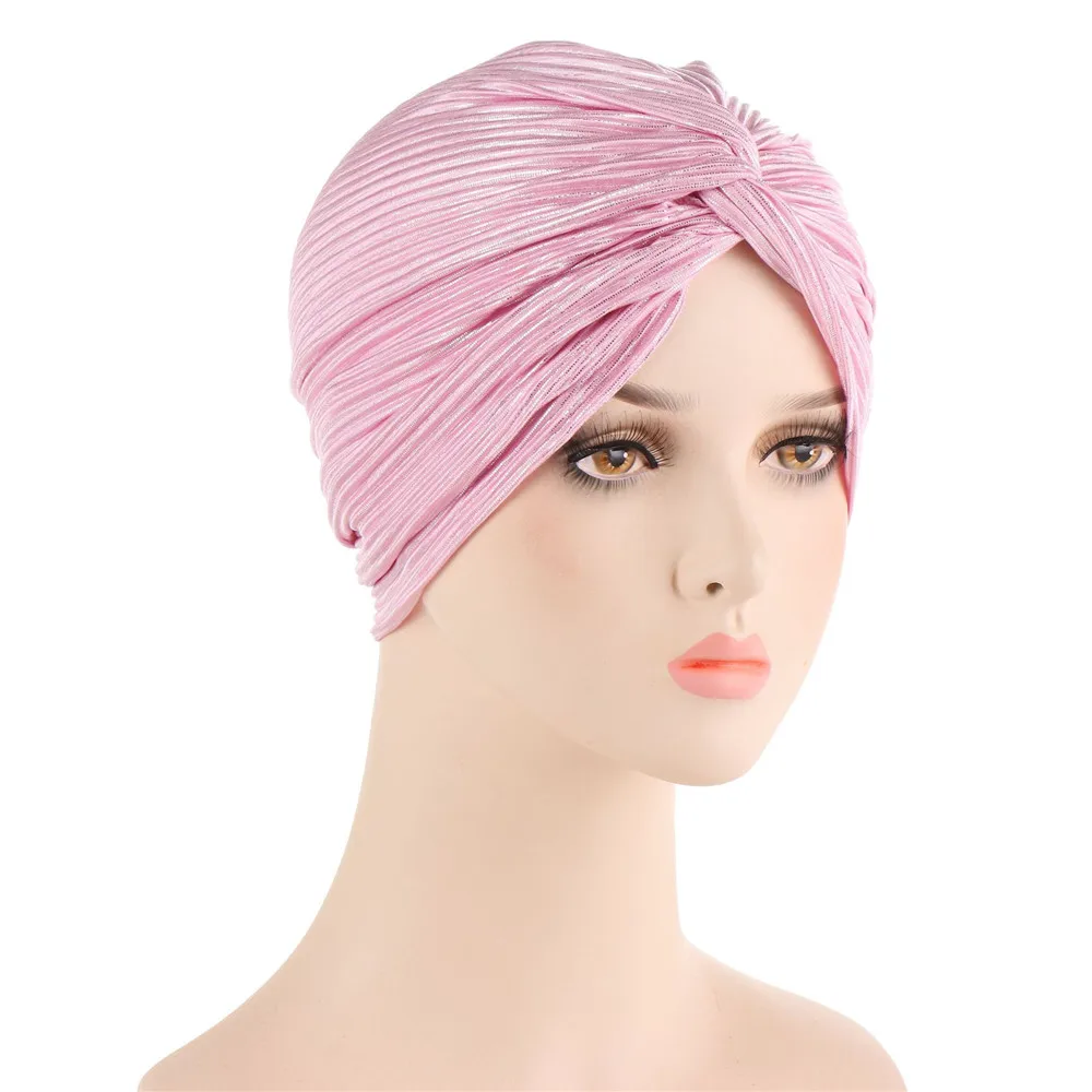 Twist Turban Caps Women Knot Muslim Hijab Shiny Gold Silver Glitter Indian Hat Solid Color Headscarf Bonnet Wrap Cover Hair Loss