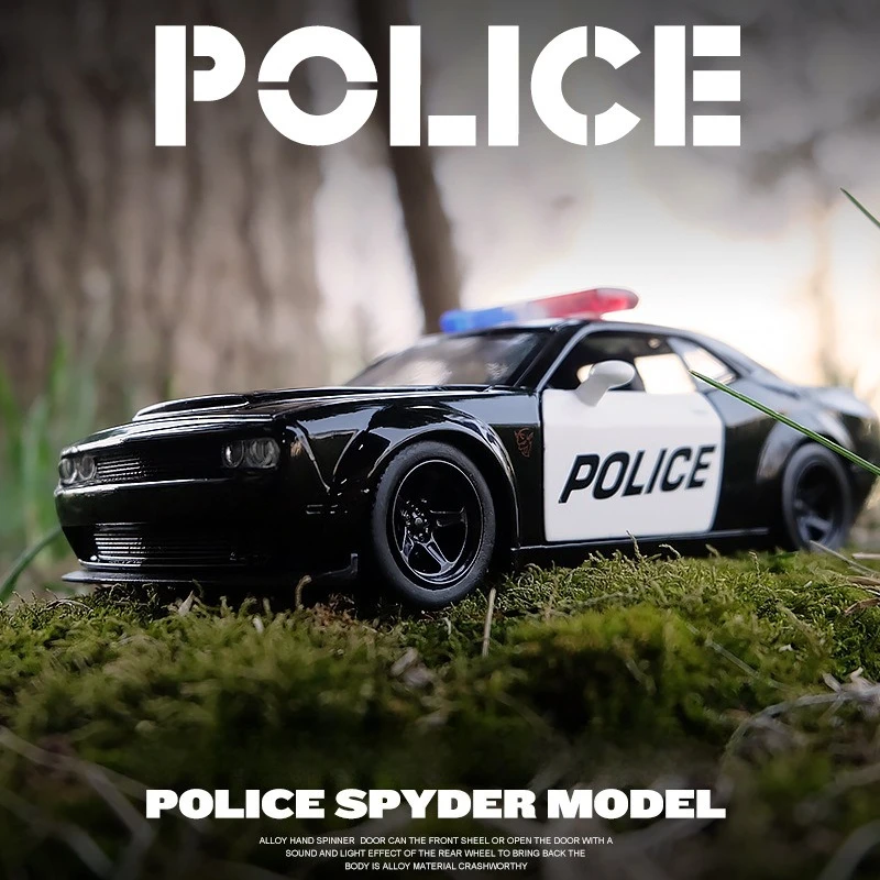 Simulation 1/36 Scale Dodge Challenger Police Car Alloy Model Pull Back Miniature Voiture Ornaments Home Decor Boy Car Toy Gift