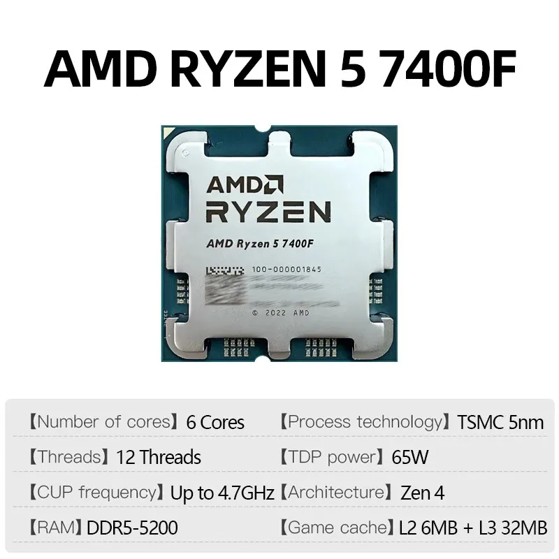 AMD Ryzen 5 7400F CPU R5 7400F 4,7 GHz 6 Kerne 12 Threads 38 MB Cache Sockel AM5 Desktop-Prozessor (ohne Kühler)