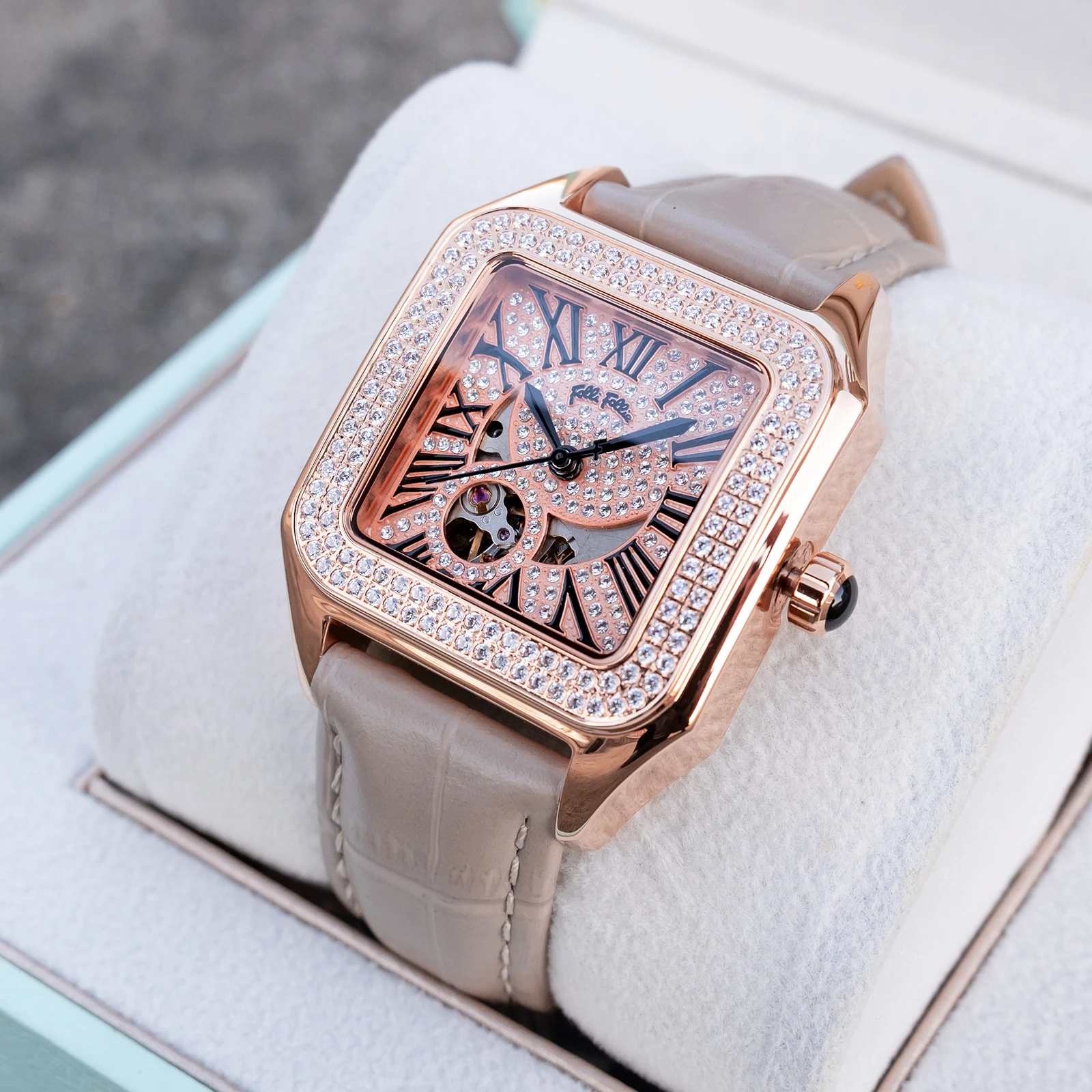 FolliFollie Women's Square Dress Watch Rose Gold Diamond Dial Roman Numerals Grey Leather Strap Automatic Wristwatch for Lady
