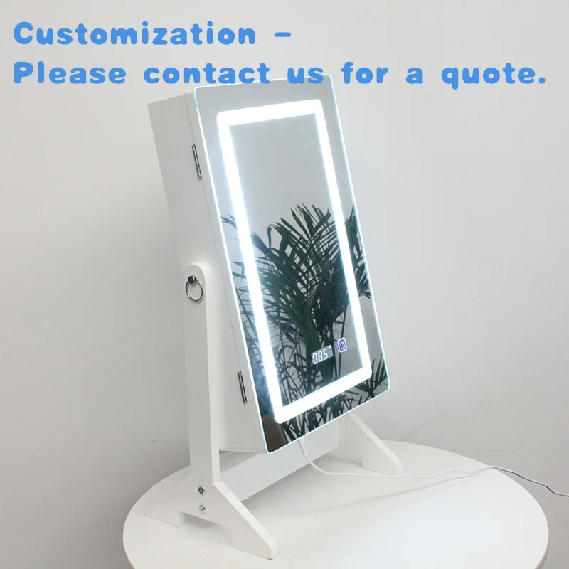 

Запираемый шкаф для ювелирных изделий на заказ с безрамным светодиодным косметическим зеркалом, деревянный компактный органайзер для ювелирных изделий