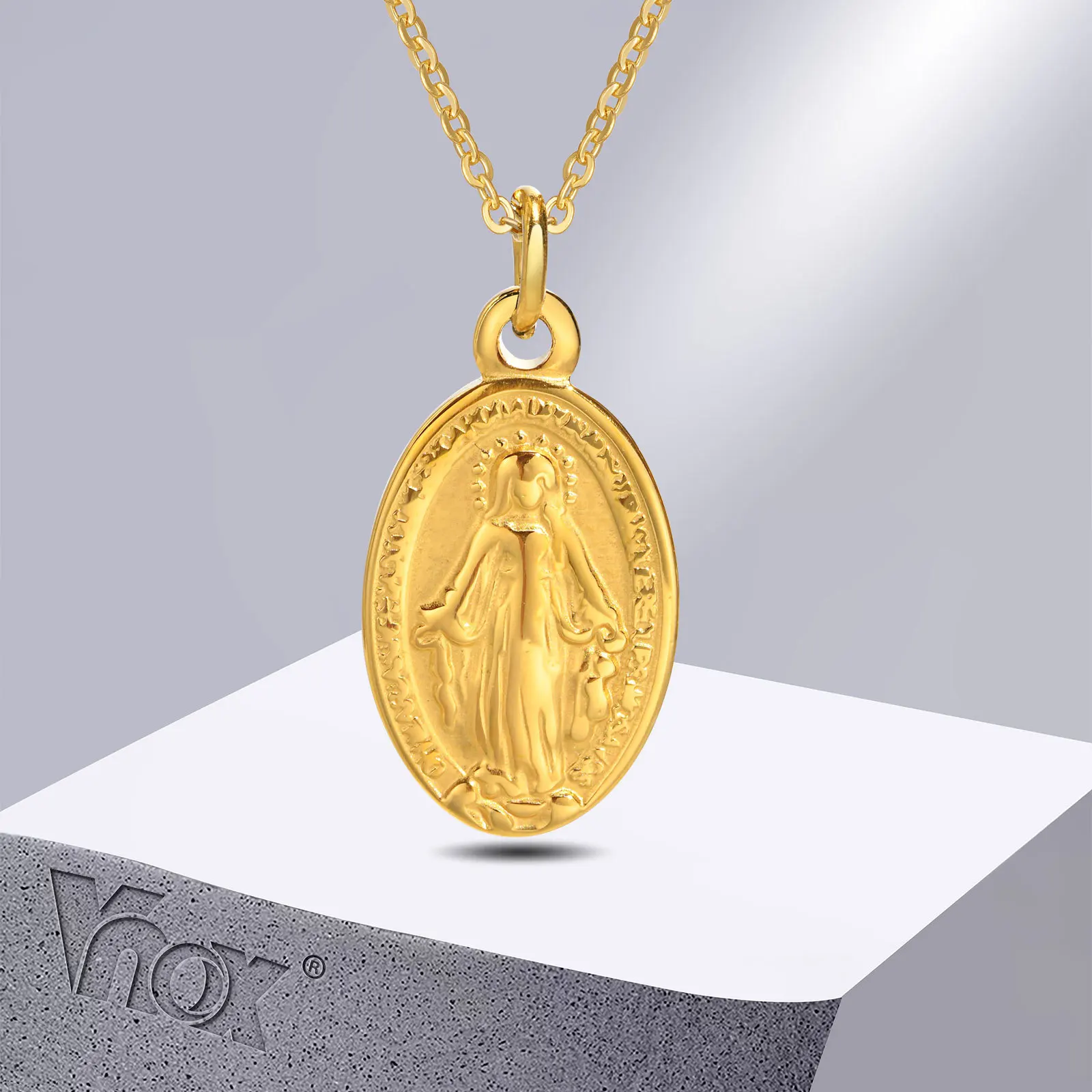 Vnox Maria Necklaces for Women, Oval Stainless Steel Pendant, Gold Plated Solid Metal Jewelry