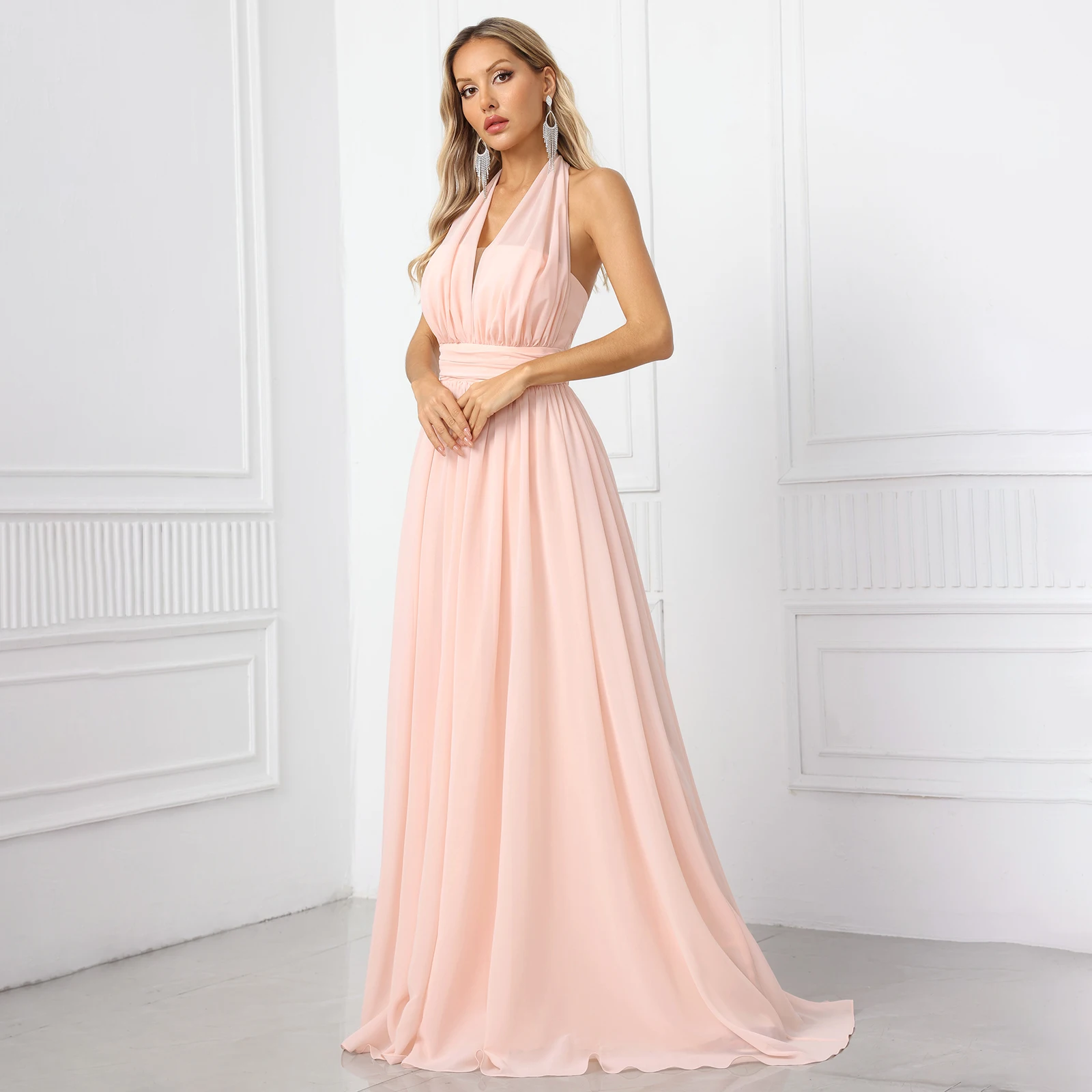 Vestido de noite elegante com decote halter e pregas vestido de mãe cintura alta vestido de baile evasê