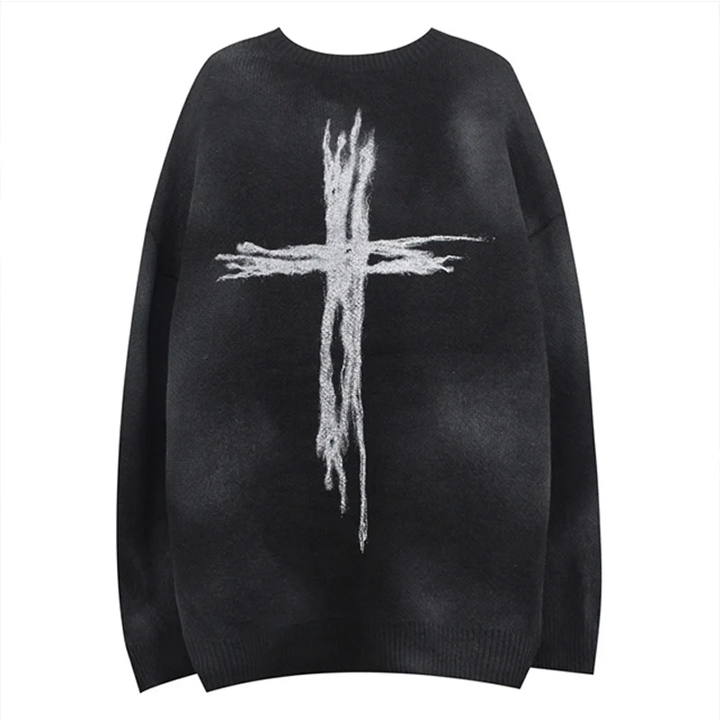 

High Street Distressed Knitted Jumper Sweaters Splash Ink Cross Print Streetwear Harajuku Autumn Oversize Loose Casual Pullovers