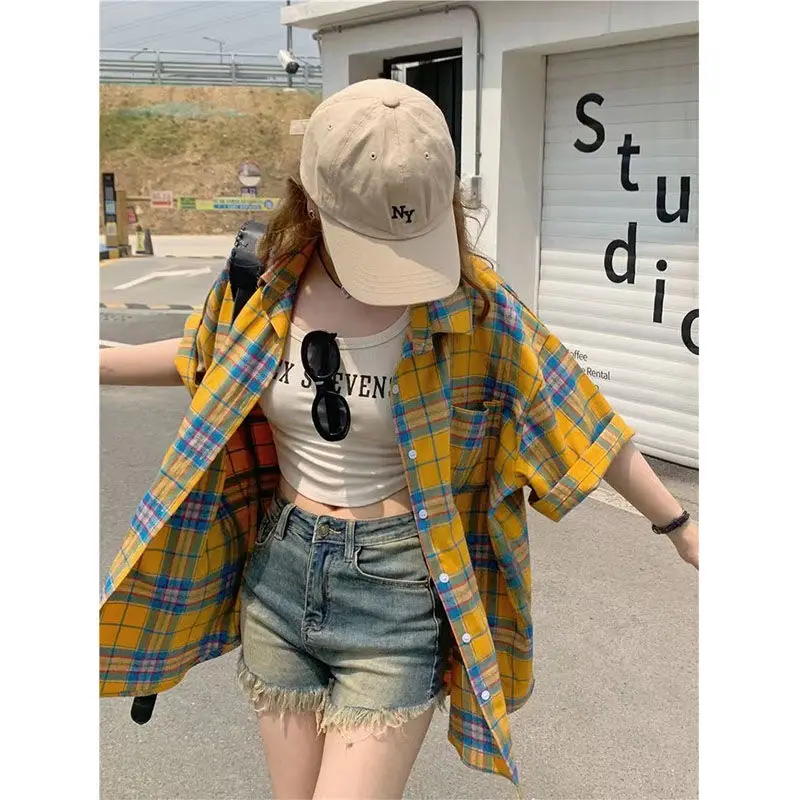 Summer Hot Polo_Neck Plaid Short Sleeved Shirt for Women\'s Loose Slimming Medium Length Fashion Versatile Retro Sweet Coat Top