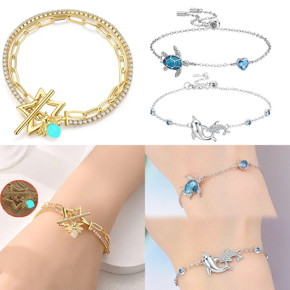 Hexagram Bee Dolphin Turtle Silver Jewelry Bracelet Accessory Crystal Adjustable Stackable Anniversary Valentine's Gift Women