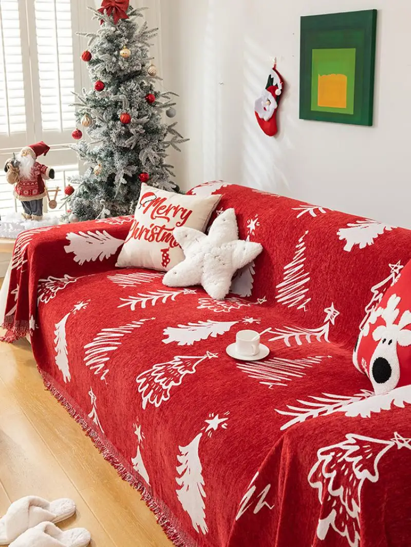 Weihnachtliche Rote Sofadecke Chenille Festliche Wohnzimmerdekoration Sofabezug Bettdecken Beidseitig Verwendbare Bezüge – Detail 3