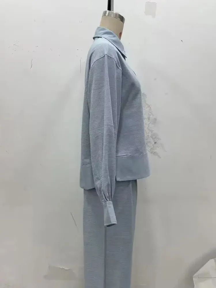 HH Moda feminina gola virada para baixo camisas de manga comprida + verão fino botão bolsos com zíper calças retas jeans conjunto de 2 peças