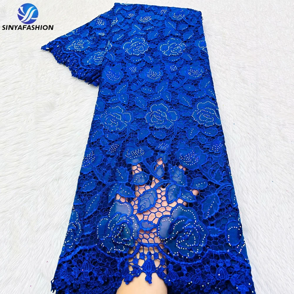 

Sinya African Laser Organza Guipure Lace Fabric Embroidery 2025 High Quality Royal Blue Luxury Stones Cord Lace Fabric 5 Yards