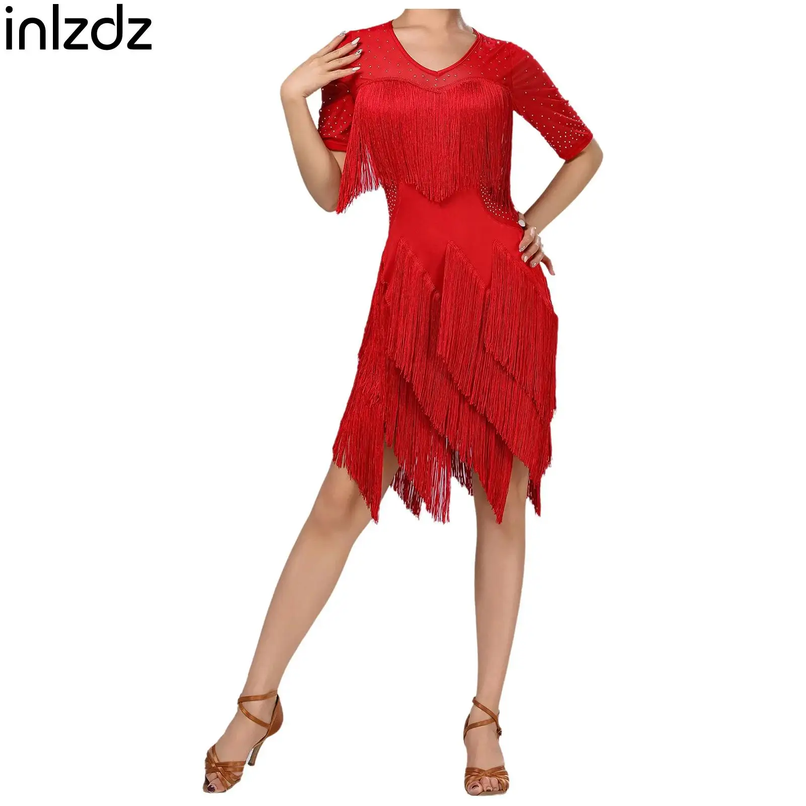 

Womens Glittery Rhinestone Mesh Chacha Rumba Samba Dancewear Latin Tango Tassel Dress Short Sleeve Irregular Hem Fringe Dresses