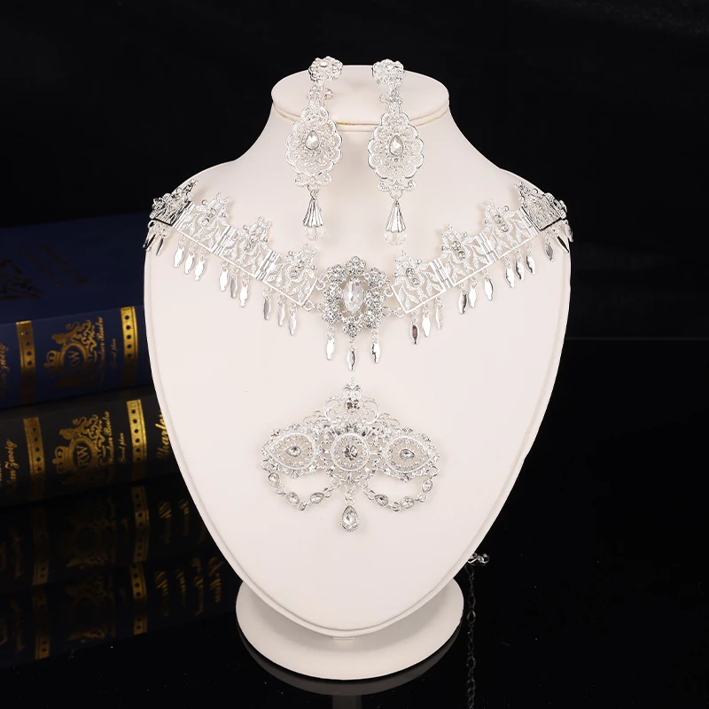 Exotic New Arabian Bridal Dress Exquisite Floral Inlaid Rhinestones Bohemian Women's Earrings Headchain Brooch Accessories