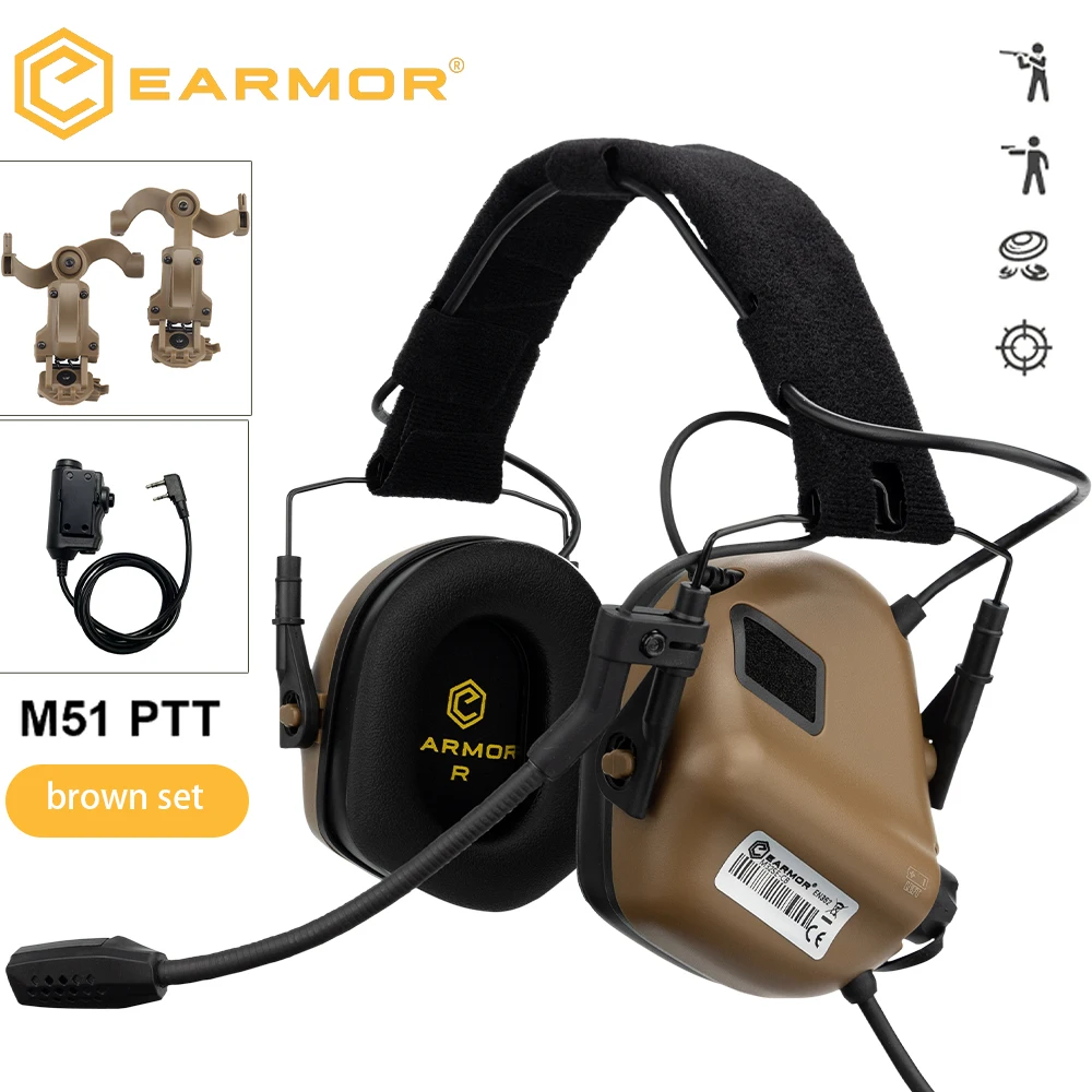 EARMOR M32 SE Tactical Shooting Earmuff & M51 PTT with Helmet ARC Rail Adapter Fit for Hunting Noise Canceling