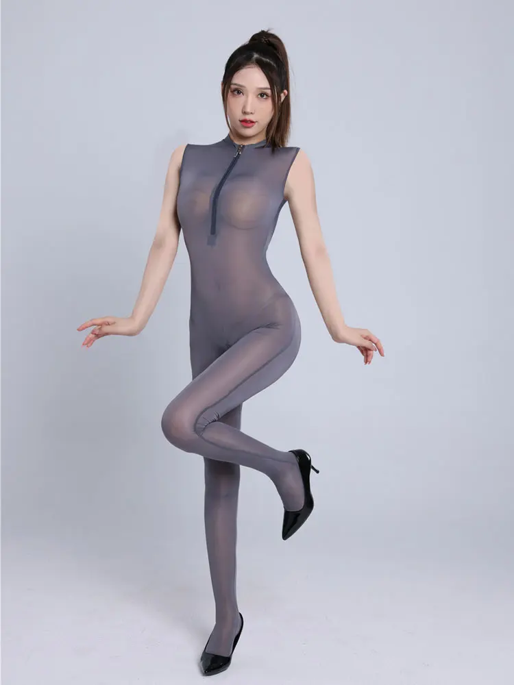 Women Ice Silk Shiny Sexy Tights Sheer See Through Sleeveless Zipper Open Bust Crotch Bodysuit Bosycon Pantyhose Catsuit Leotard