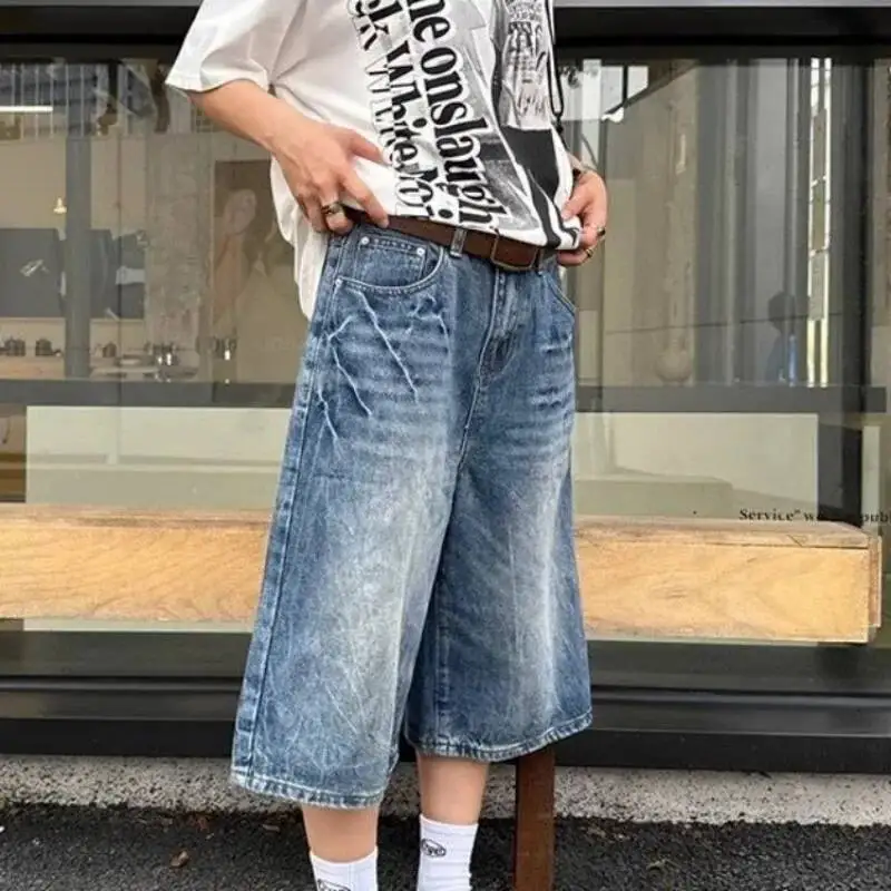 BabYoung American Vintage Washed Denim Shorts For Women Y2k Loose Calf- Length 2025 Summer New Straight Wide Leg Pants