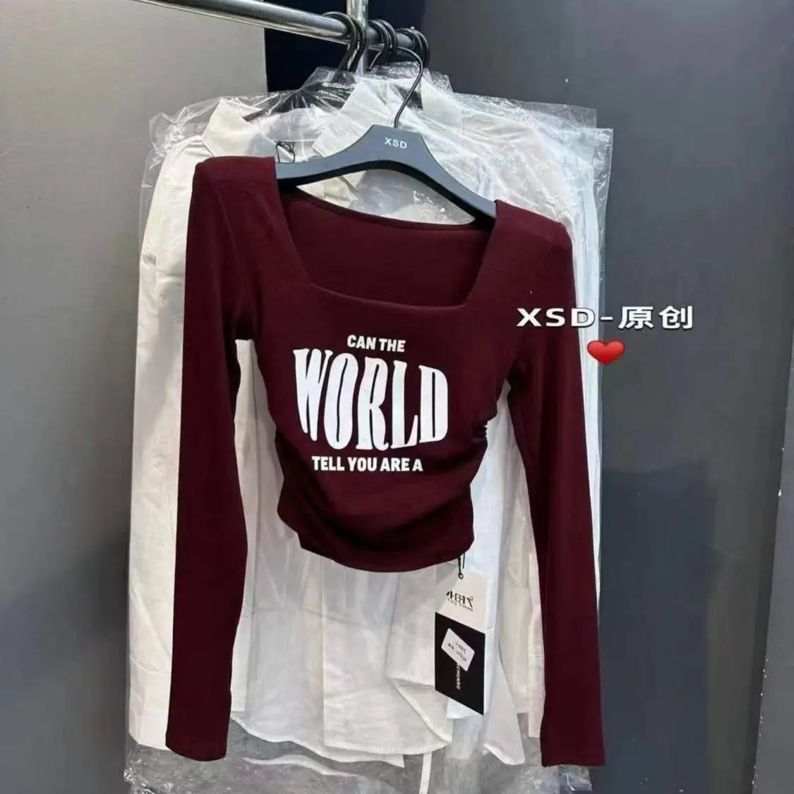 

Wholesale Long Sleeve Square Neck Slim T Shirts 2024 Autumn Women Top High Strecth T-shirt Hot Sweet Letter Print Short T Shirt