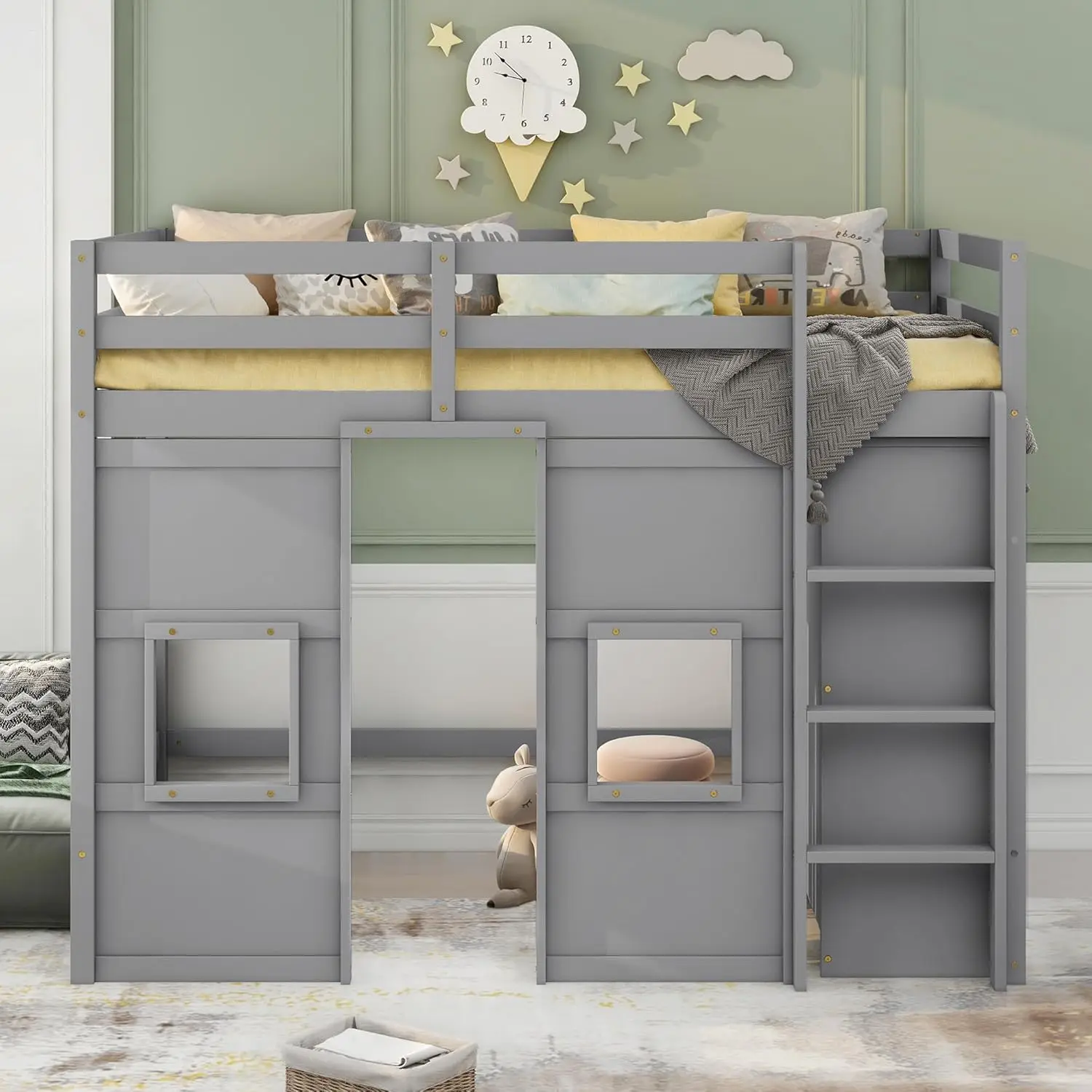 Twin Size Kids Loft Bed, Wood House Loft Bed With Storage Wardrobe And 2 Windows, Playhouse Loft Bed Frame With Underbed Space